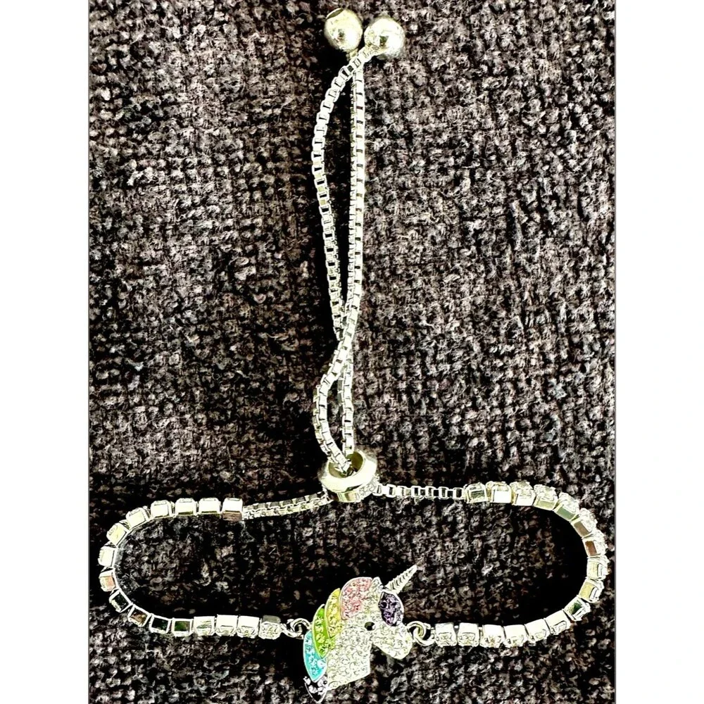 Rainbow Unicorn Rhinestone Necklace & Adjustable Bracelet Set – Silver Jewelry